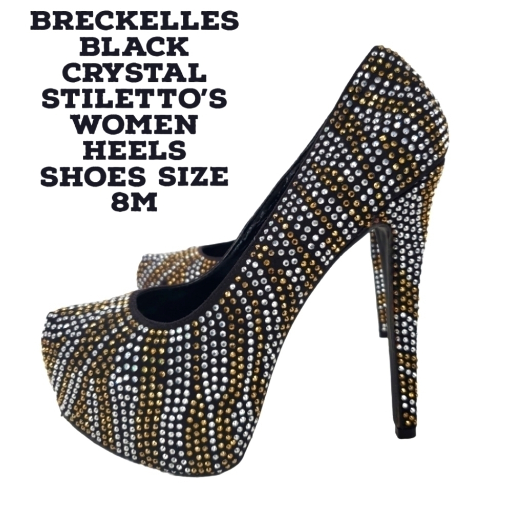 BRECKELLES BLACK CRYSTAL STILETTO'S WOMEN HEELS SHOES SIZE 8M